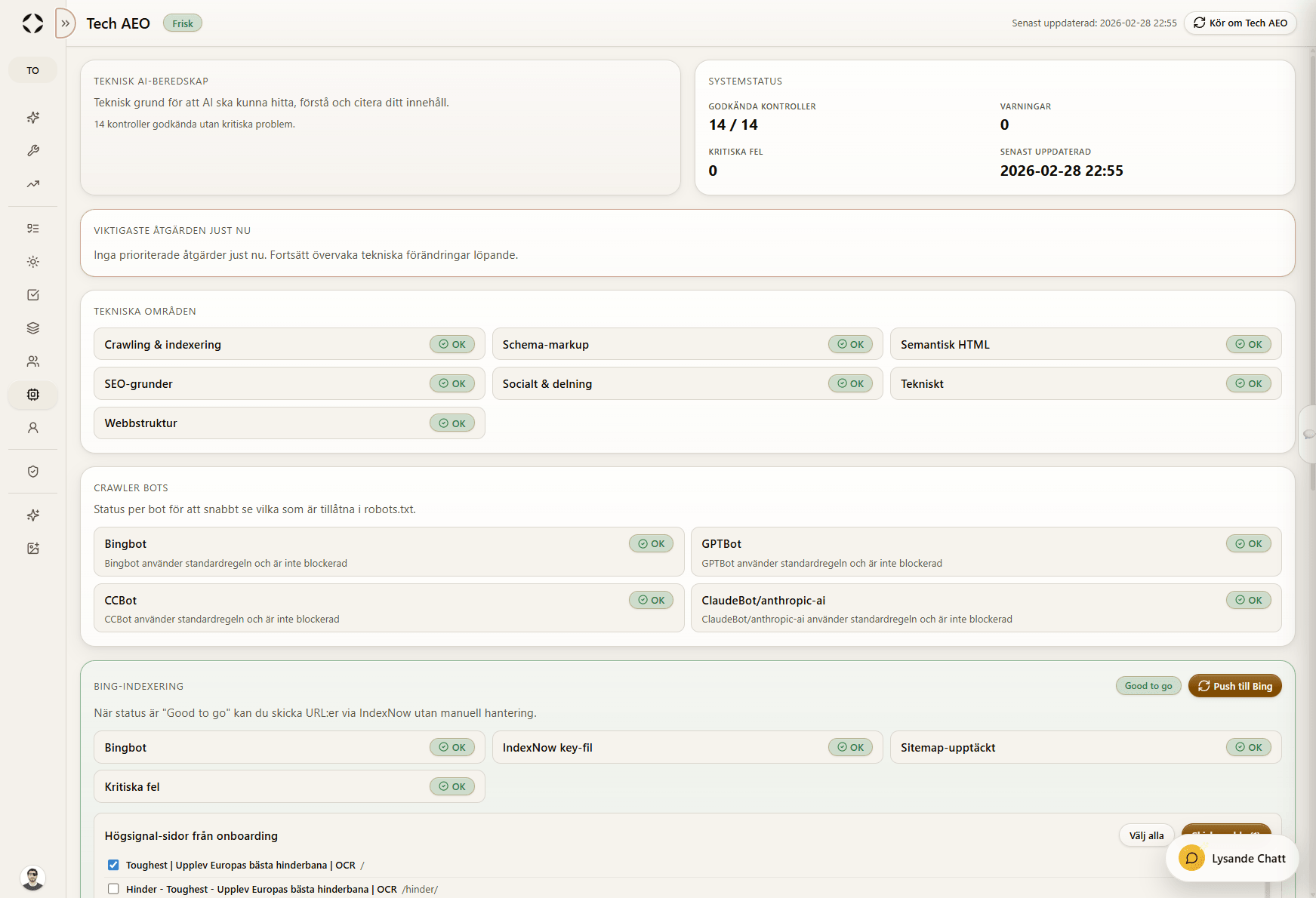 Technical AEO diagnostics for crawlability, schema and AI-readiness