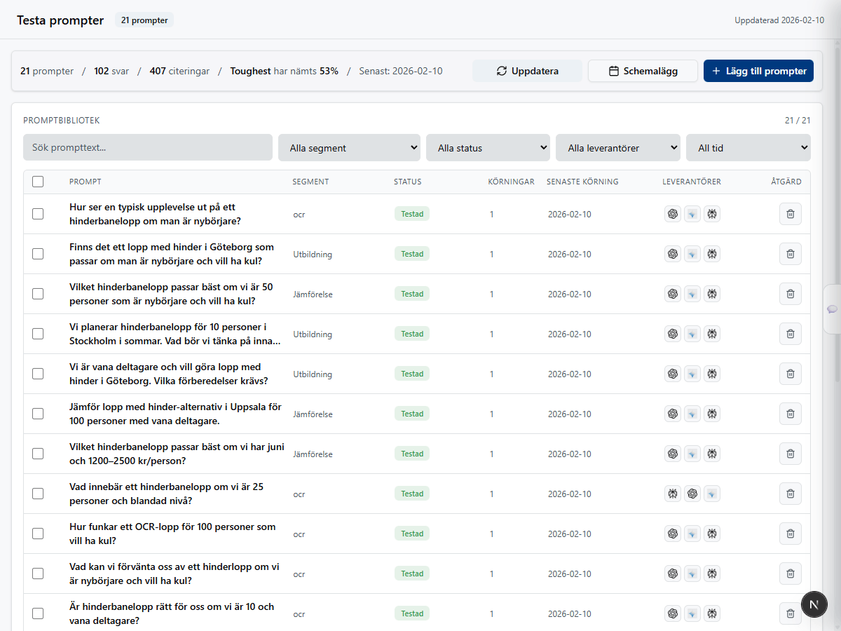 Prompt library with segments, statuses and run history