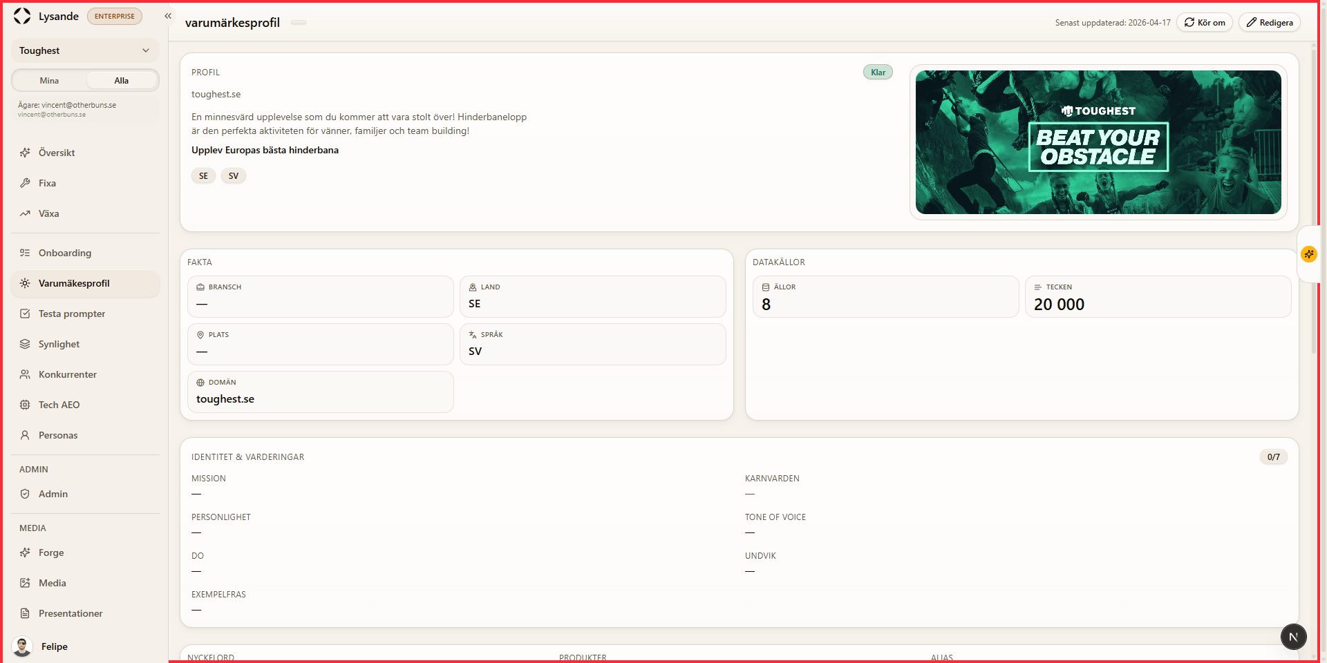 Brand profile with domain facts, data sources and brand screenshot