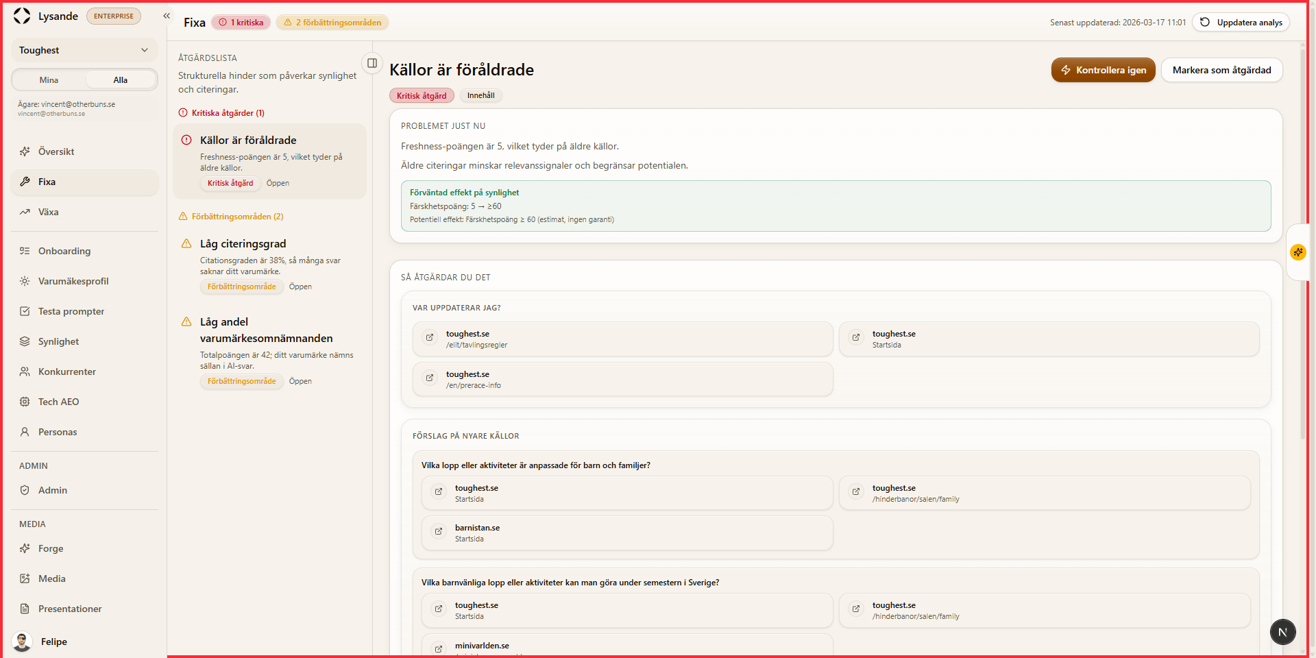 Prioritized fix workflow with issue details and recommended updates