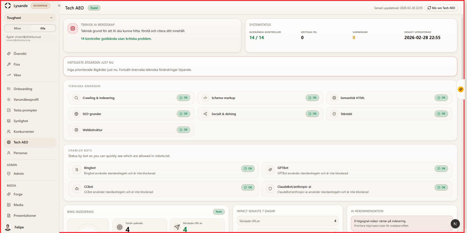 Agent Ready diagnostics for crawlability, schema and AI-readiness